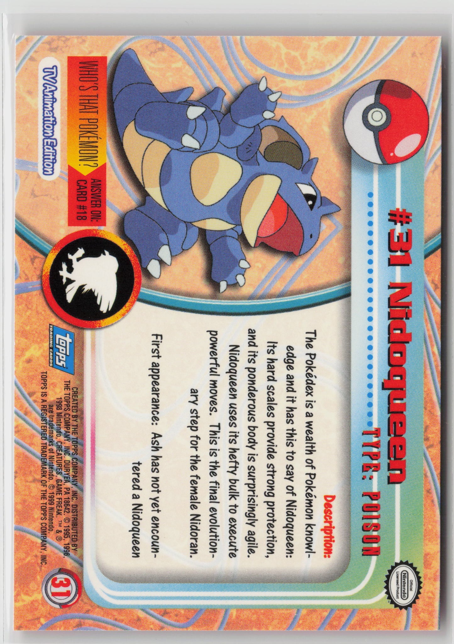 Nidoqueen #31 Topps TV Animation Series 1999 Non-Holo NM (Back)