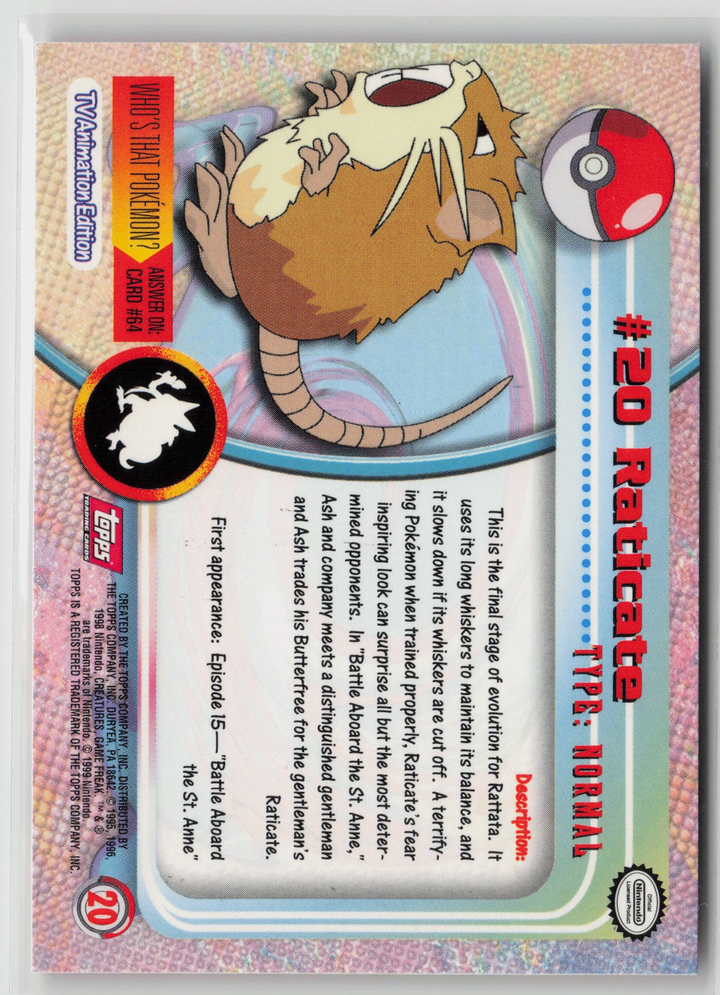 Raticate #20 Topps TV Animation Series 1999 Non-Holo NM (Back)