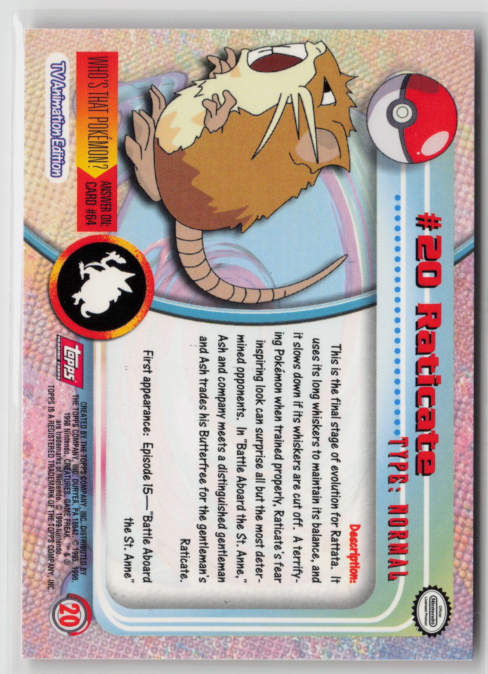 Raticate #20 Topps TV Animation Series 1999 Non-Holo NM (Back)