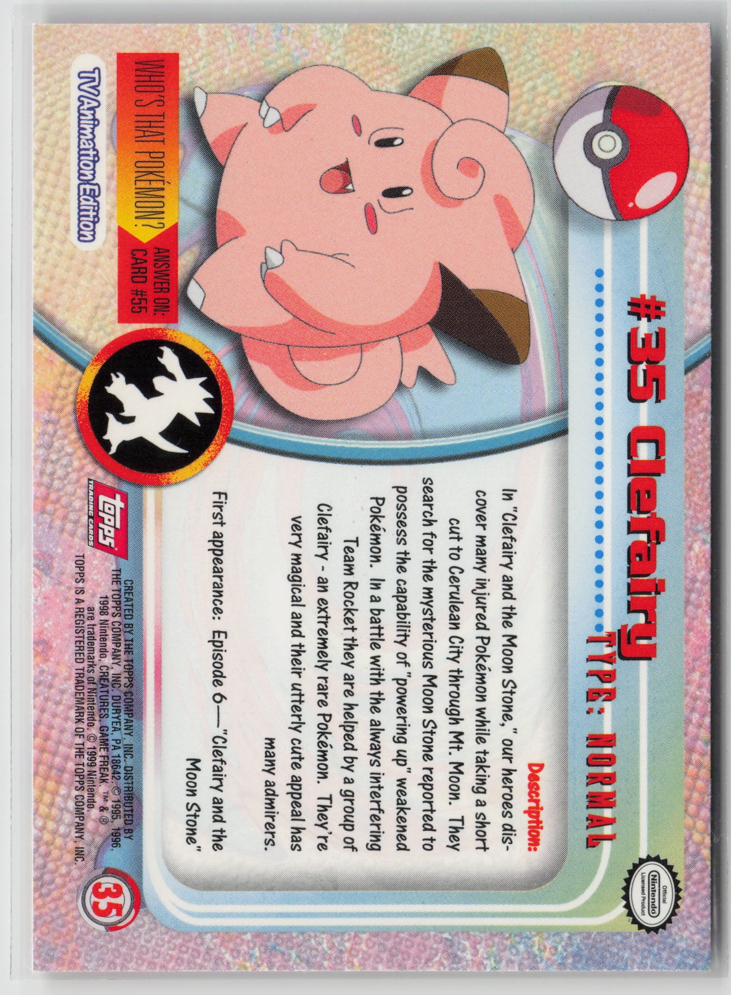 Clefairy #35 Topps TV Animation Series 1999 Non-Holo NM (Back)