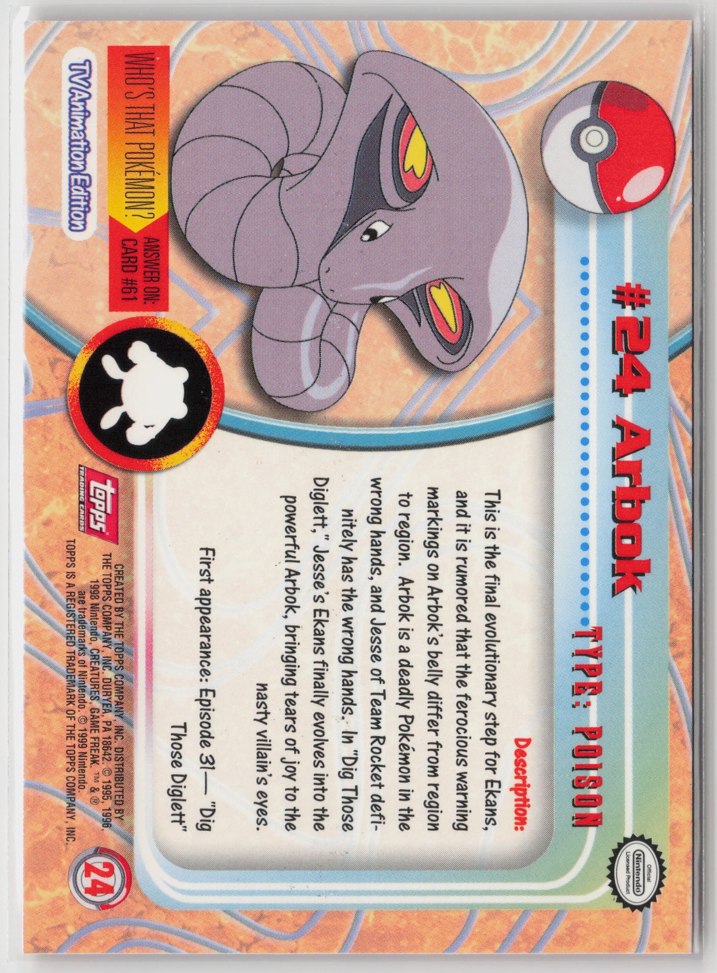 Arbok #24 Topps TV Animation Series 1999 Non-Holo LP (Back)