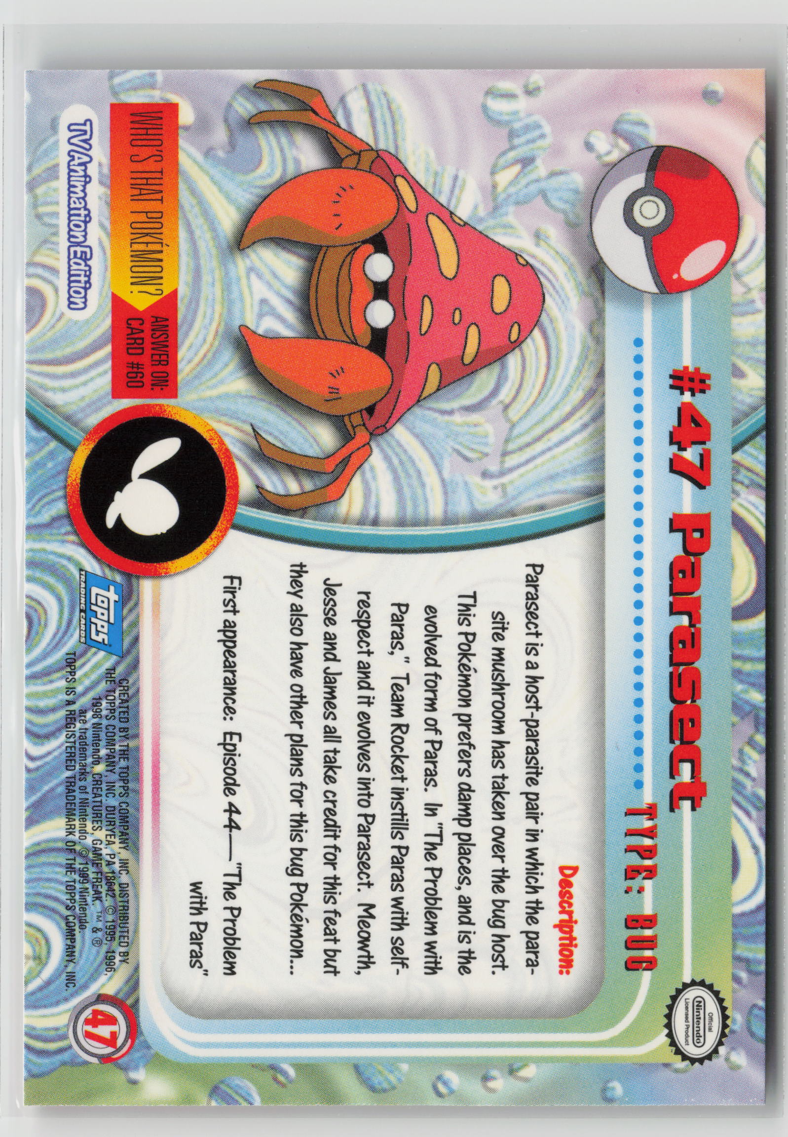 Parasect #47 Topps TV Animation Series 1999 Non-Holo NM (Back)