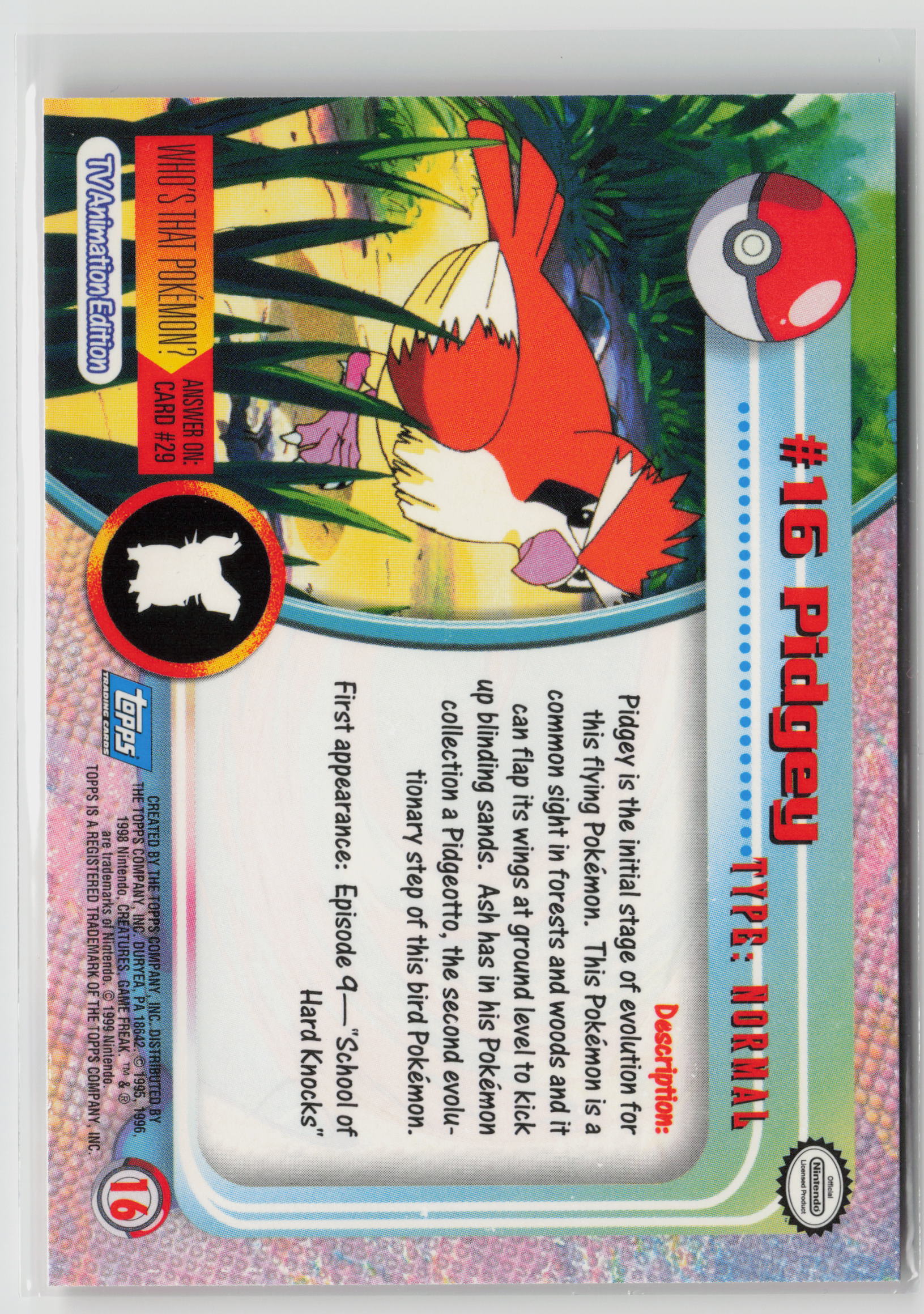 Pidgey #16 Topps TV Animation Series 1999 Non-Holo NM (Back)