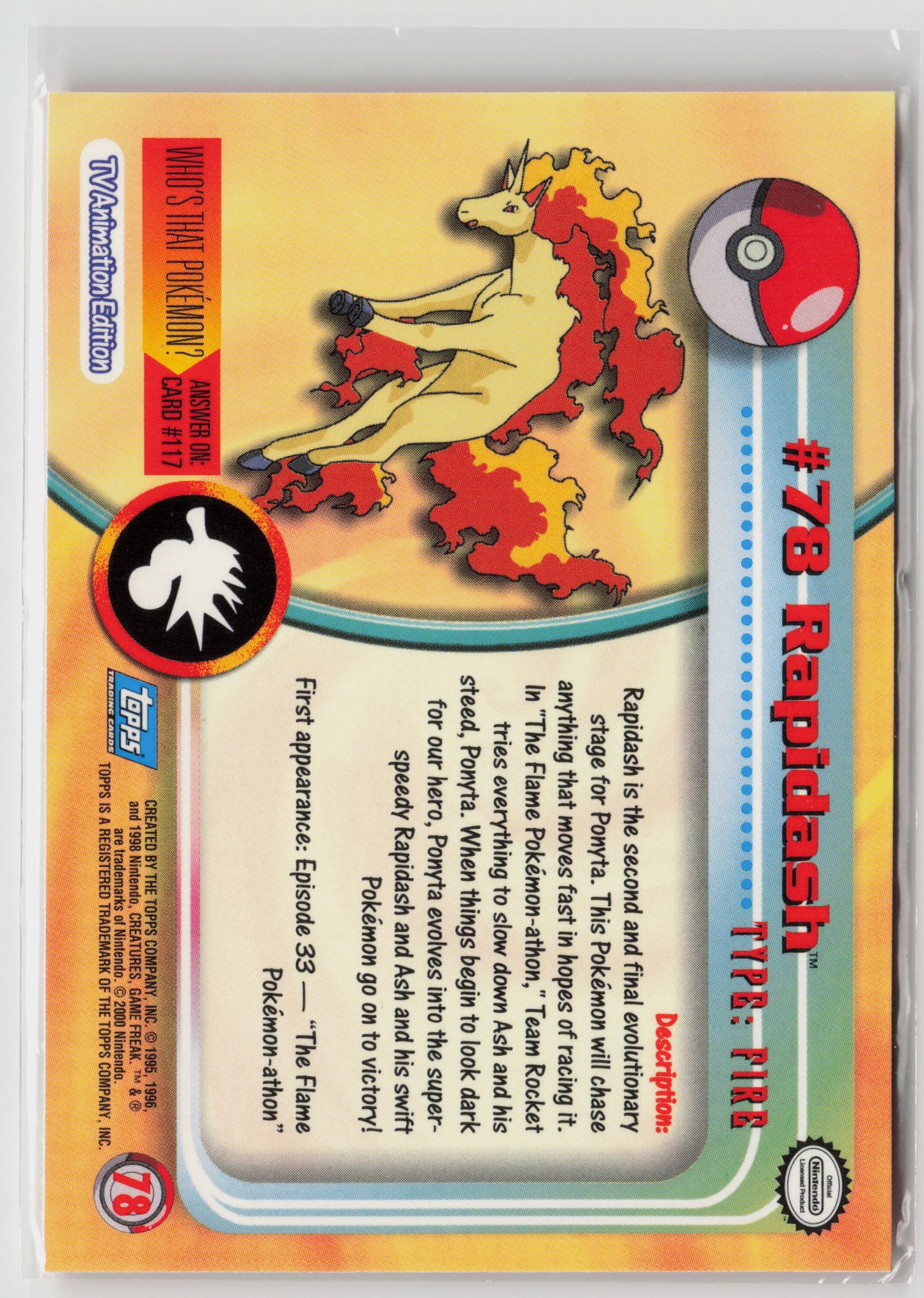 Rapidash #78 Topps TV Animation Series 1999 Non-Holo NM (Back)