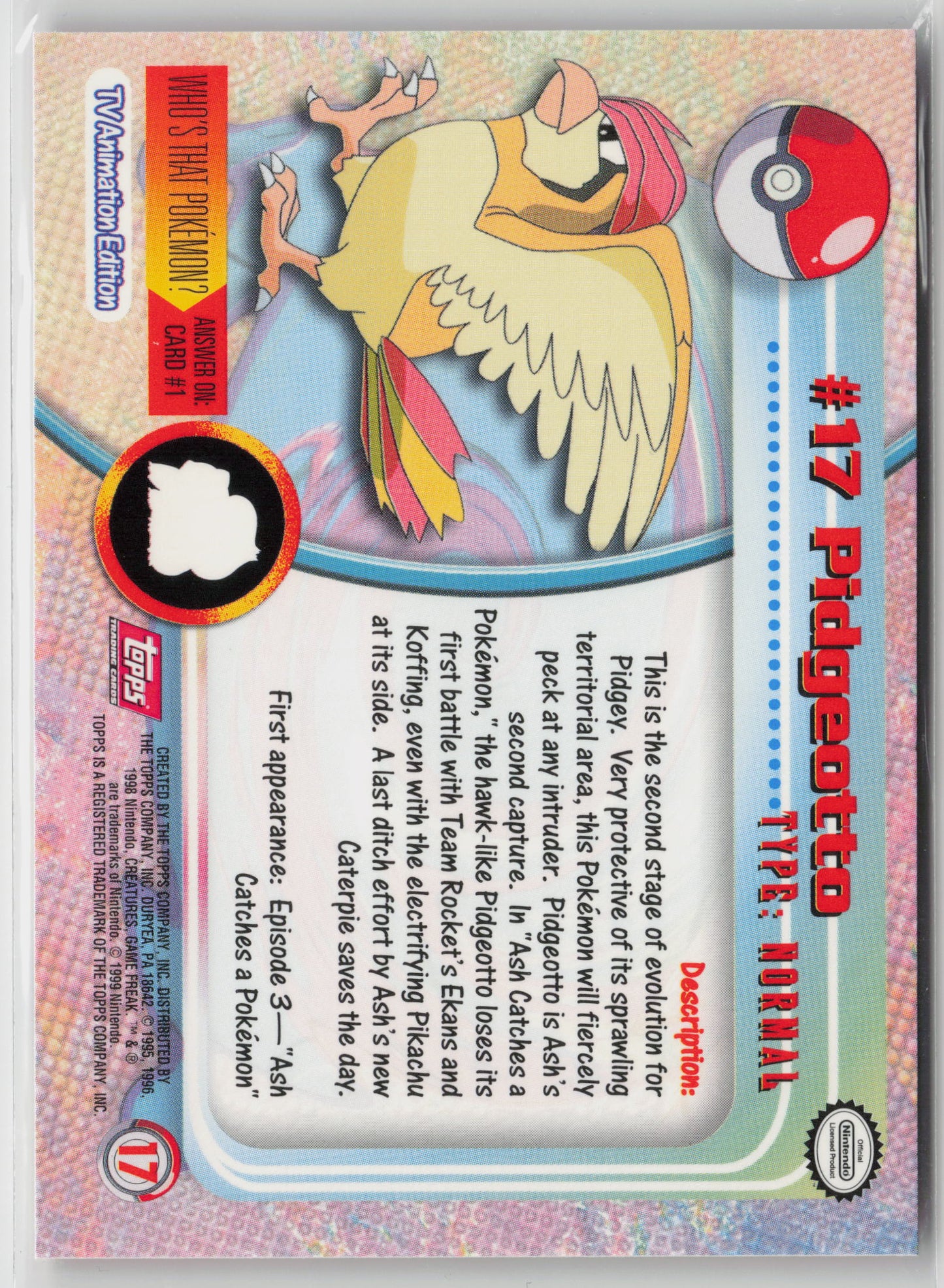 Pidgeotto #17 Topps TV Animation Series 1999 Non-Holo NM (Back)