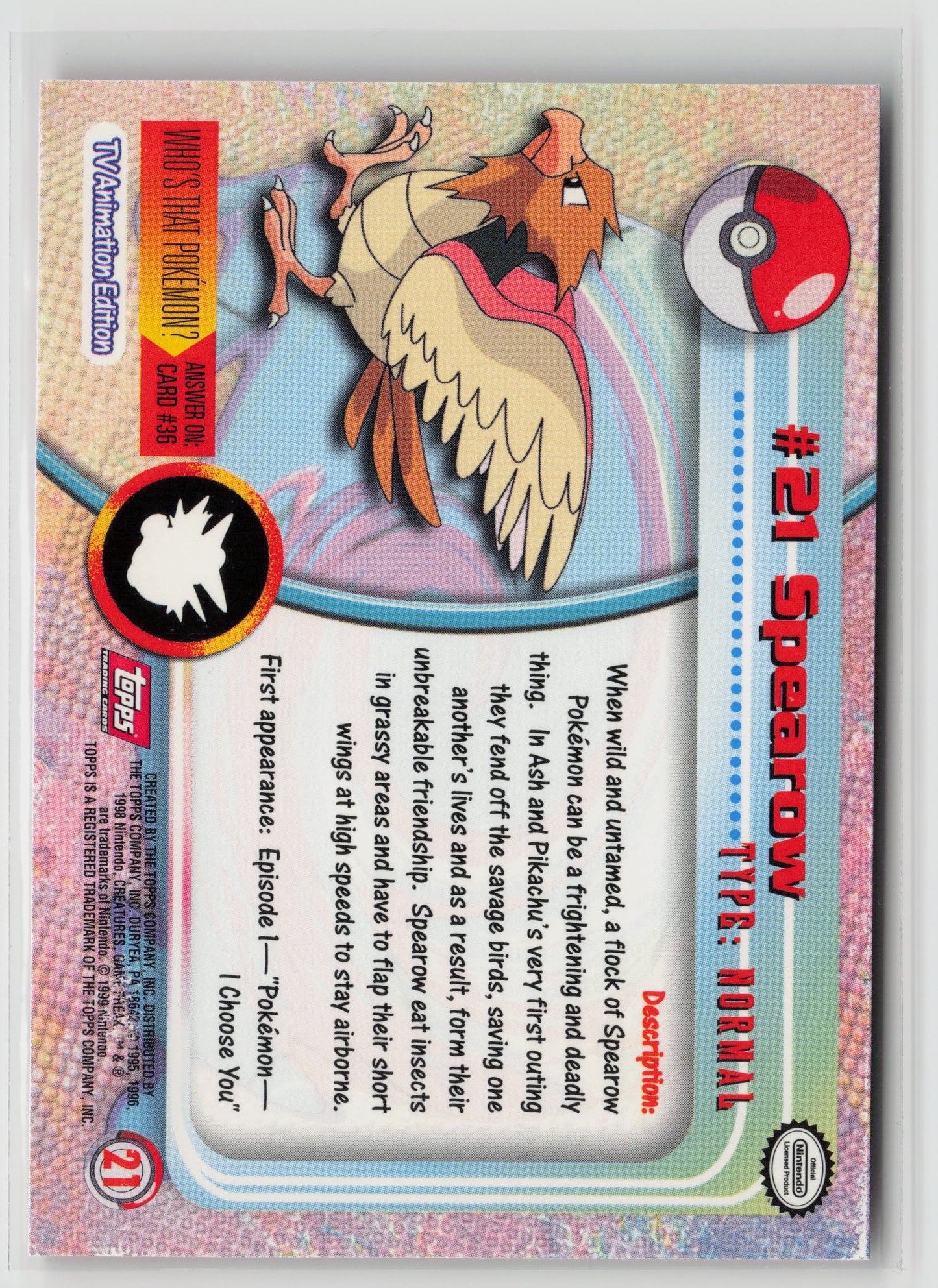 Spearow #21 Topps TV Animation Series 1999 Non-Holo NM (Back)