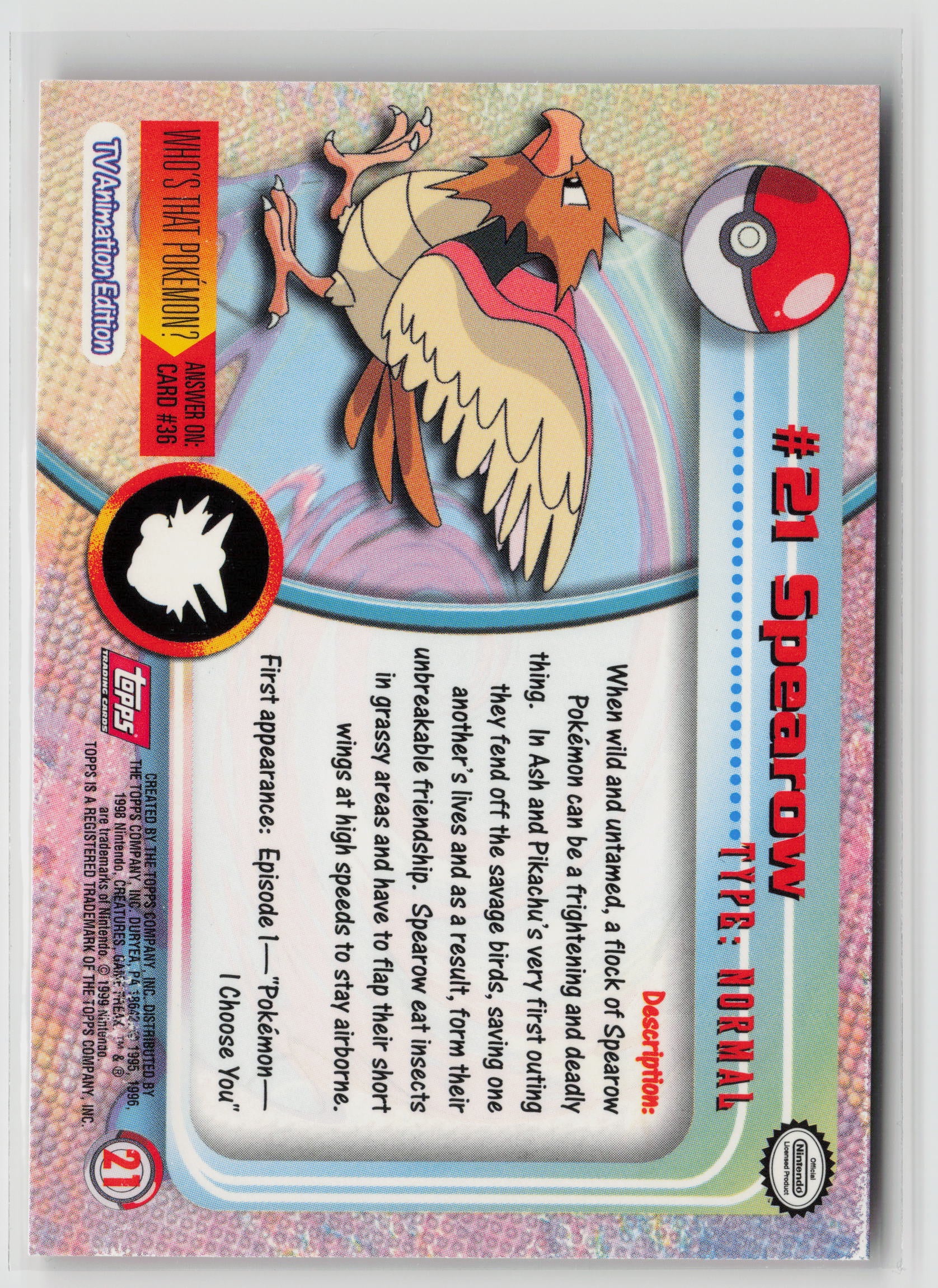Spearow #21 Topps TV Animation Series 1999 Non-Holo NM (Back)