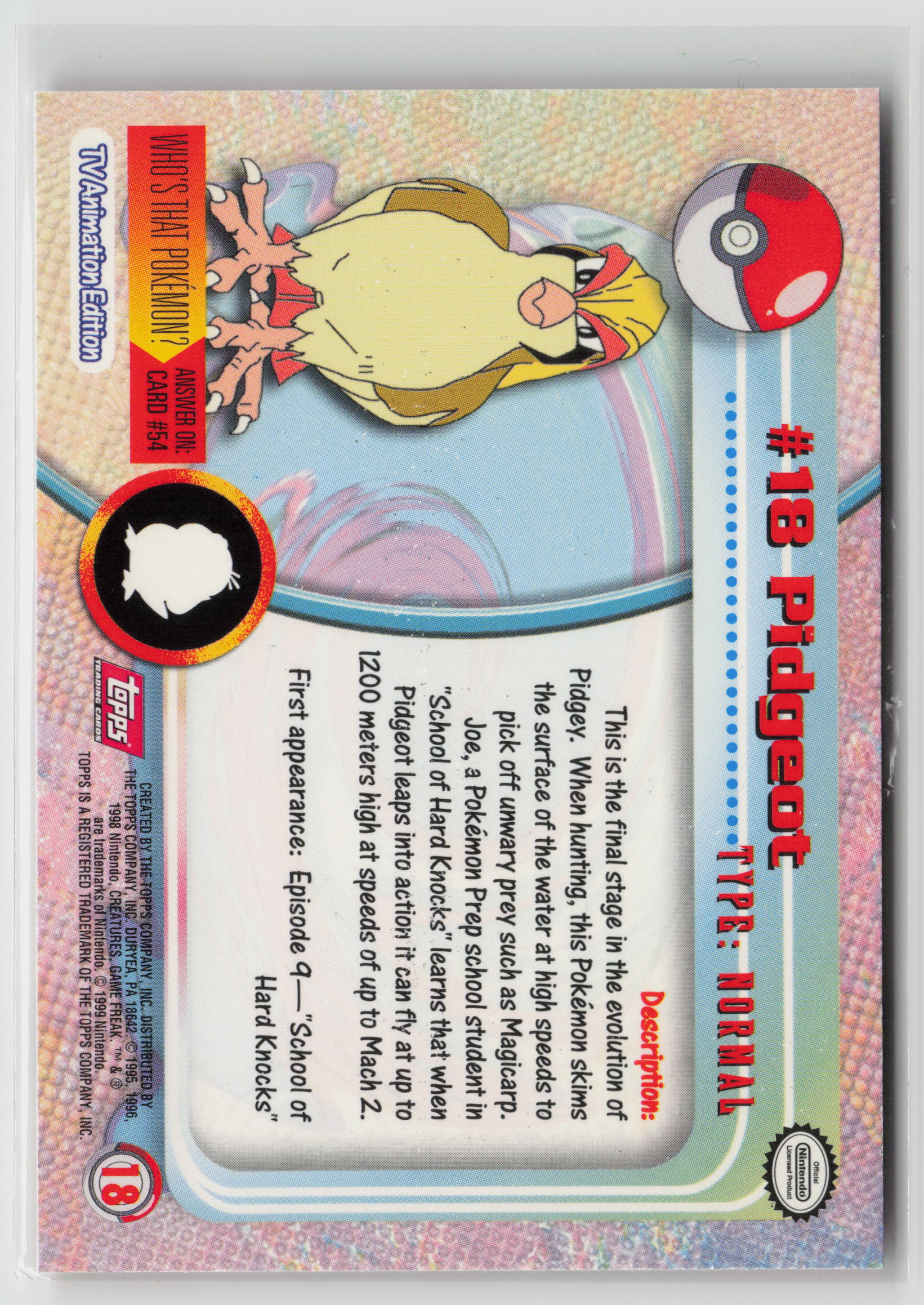 Pidgeot #18 Topps TV Animation Series 1999 Non-Holo NM (Back)