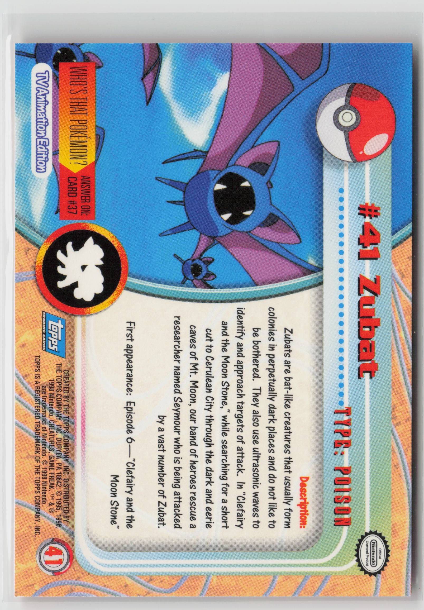 Zubat #41 Topps TV Animation Series 1999 Non-Holo NM (Back)