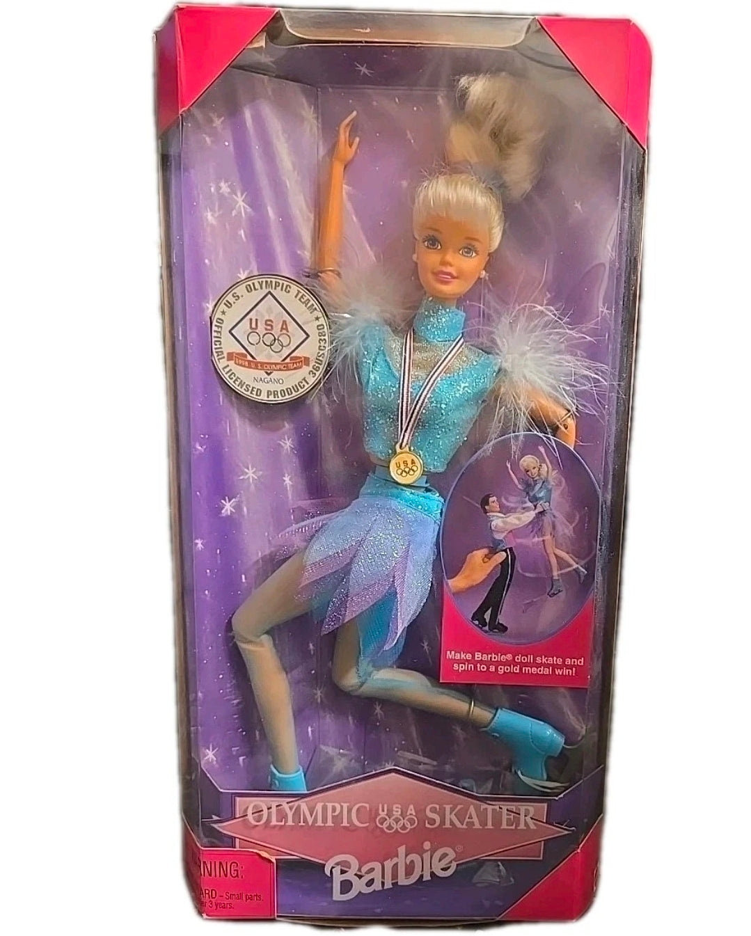 Mattel Barbie 1997 Olympic USA Skater #18501 Spin & Skate Blonde Ice Skate NIB